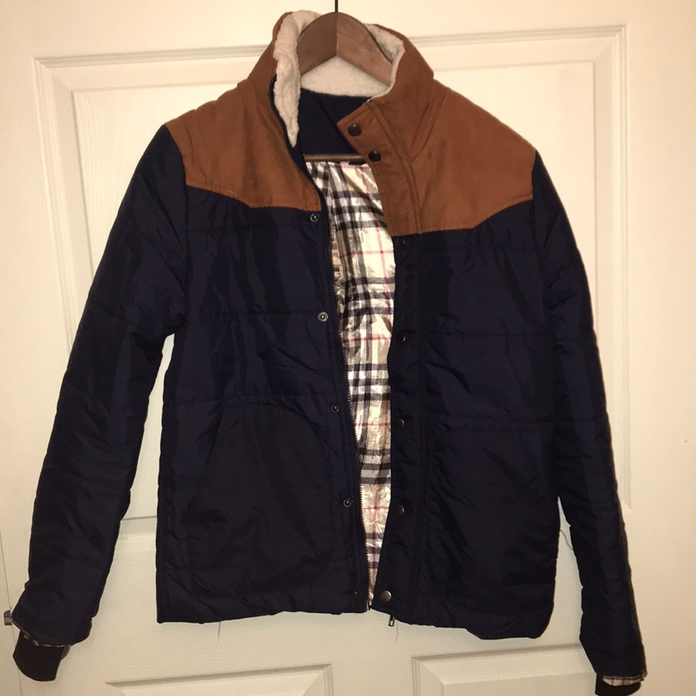 Blue/brown puffer jacket with wool neck/plaid